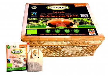 100 MILANA Ceylon Fairtrade Demeter BIO-SCHWARZTEE TEEBEUTEL BOPF Broken Orange Pekoe Fannings - schwarzer Premium-Tee in HANDGEFLOCHTENEM TEEKÖRBCHEN, 55 Prozent des Verkaufspreises ist SOZIALE HILFSLEISTUNG - Der Tee..der nach Liebe schmeckt. Fair und n